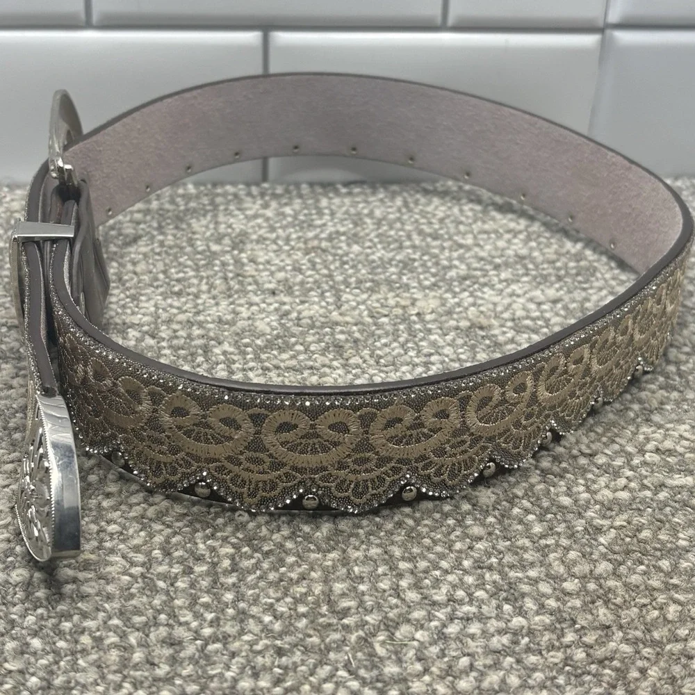 Angel Ranch Western Belt Womens S Leather White Lace Brown  32-35